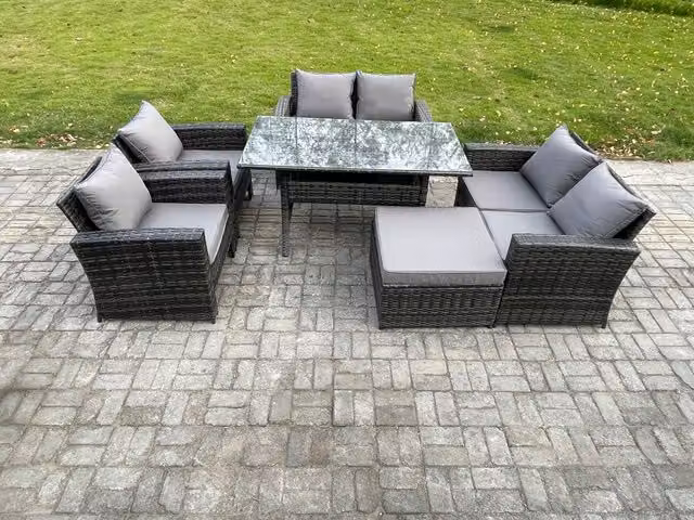 Fimous 7 Seater Rattan Garden Furniture Set with Oblong Dining Table and Double Seat Sofa in Dark Grey