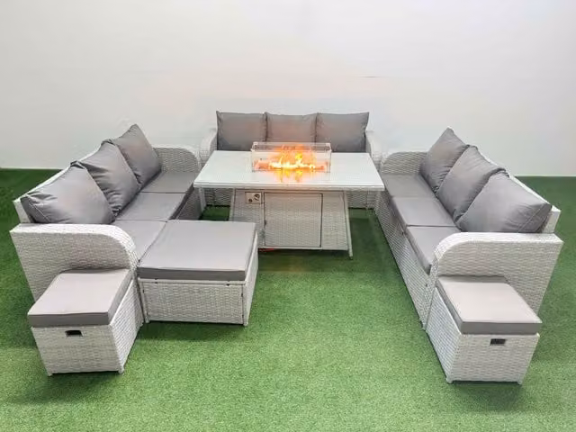 Fimous 12 Seater PE Rattan Outdoor Garden Furniture Set in Light Grey with Firepit Dining Table, 3 Seater Sofa and 3 Stools