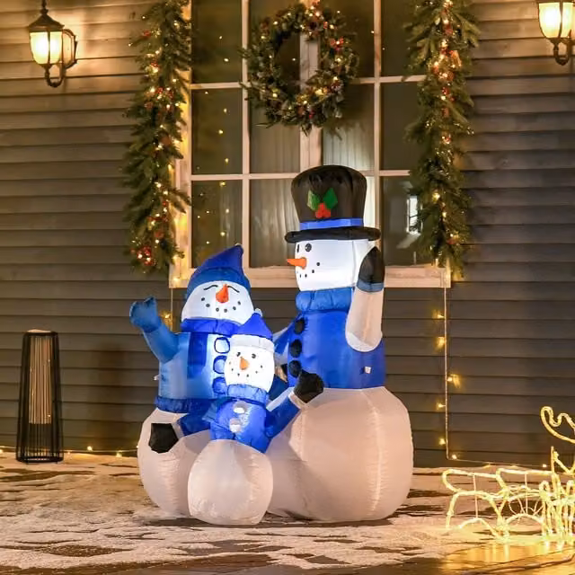 HOMCOM LED Lighted Christmas Inflatable Snowmen Family Holiday Decoration in White and Blue