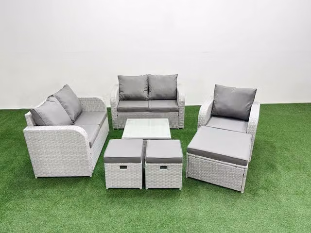 Fimous Poly Rattan Garden Furniture Set in Light Grey with Reclining Chair, 2-Seater Sofa, Coffee Table and Ottoman