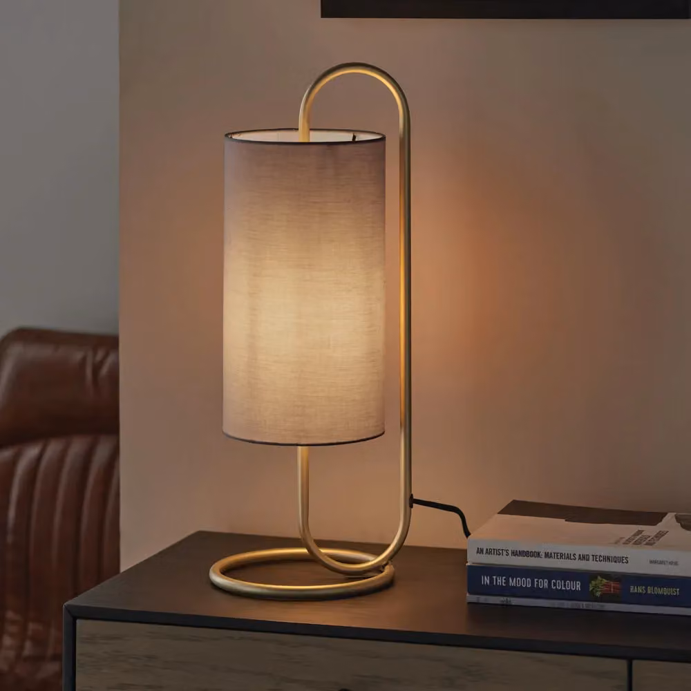 Loops Modern Oval Table Lamp in Antique Brass with Grey Fabric Cylinder Shade – 3