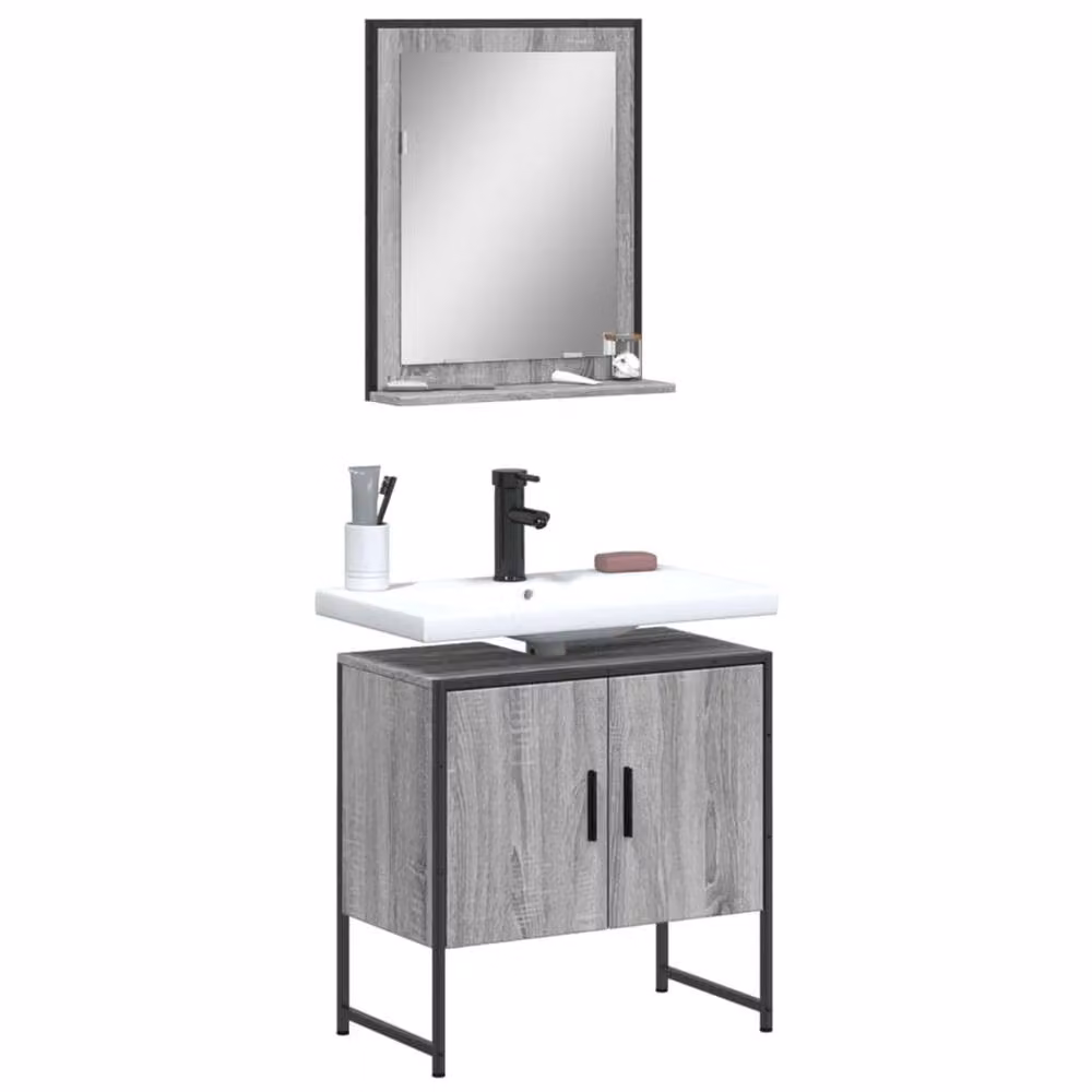 Berkfield Home Modern 2 Piece Grey Bathroom Cabinet Set with Vanity Unit and Mirror Cabinet – 2
