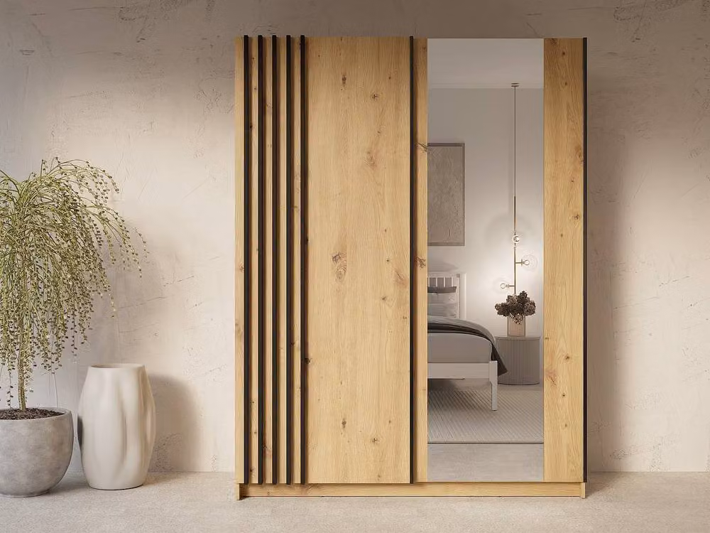 Vente-unique 2-Door Sliding Wardrobe with Mirror in Natural and Light Oak, W/D/H: 150.6 x 62.0 x 198.5 cm – 3