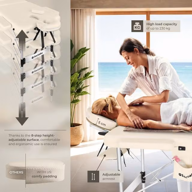 tectake Phuket Massage Table with 3 Zones and Aluminium Frame, Beige, Width: 70 cm