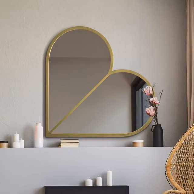 MirrorOutlet Corde Modern Wall Mirror in Gold and Black with Metal and Glass Heart Detail