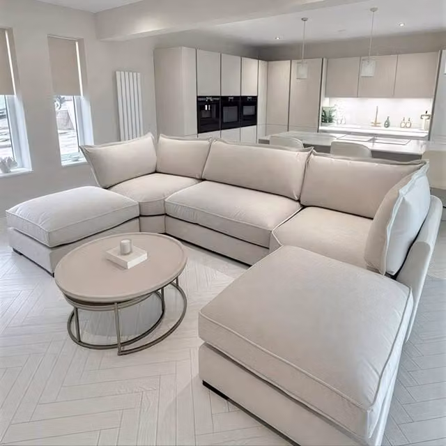 Home & Love Tokyo Bishop U-Shape Cinema Corner Sofa in Cream Fabric with Matching Ottoman – 1