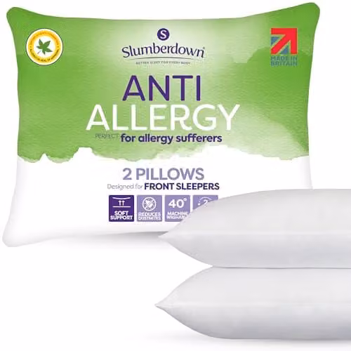 Slumberdown Anti Allergy Soft Support Pillows, 2 Pack, White, W: 48 cm, D: 74 cm – 1