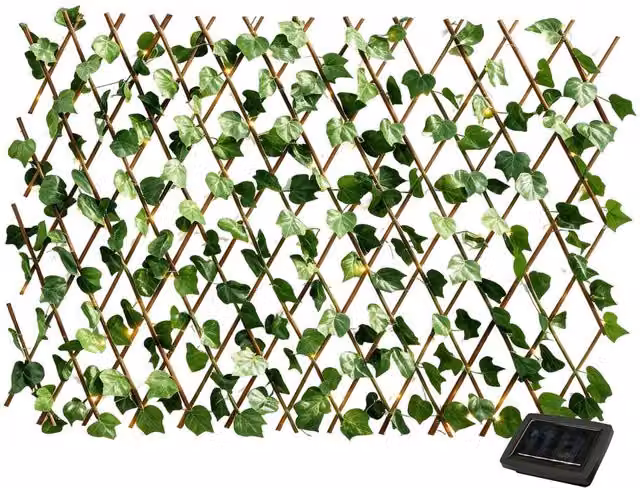 Gardenwize Solar Expandable Ivy Trellis with 100 Warm White LED Lights, Green Artificial Hedge Privacy Screen for Wall-Mounted Garden Screening