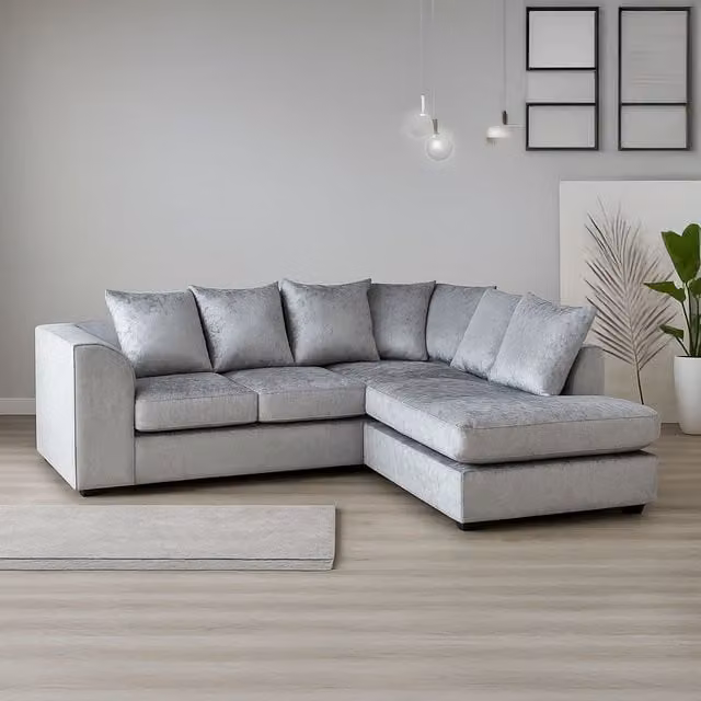 Furnishings For Less UK Crystal Crushed Velvet 3 to 4 Seater L Shaped Corner Sofa, Right Hand Facing, Silver