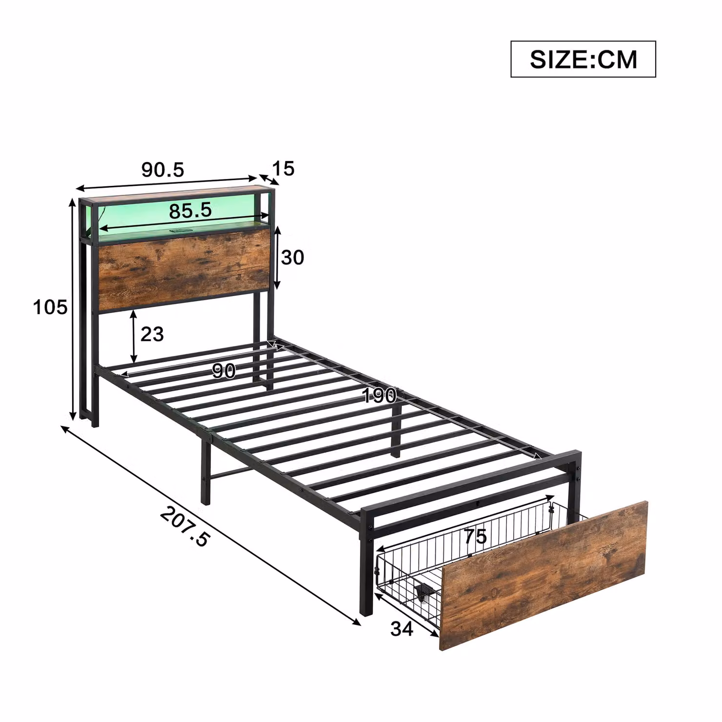 Matteo Metal Single Bed in Black with LED Light Strip, Storage Drawer and USB/Type C Ports, W/D/H: 90 x 190 x 105 cm – 4