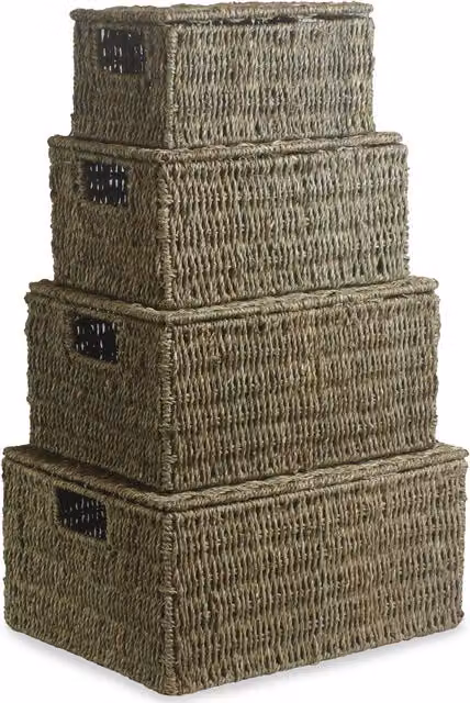 Red Hamper and 4 Brown Seagrass Storage Baskets Set