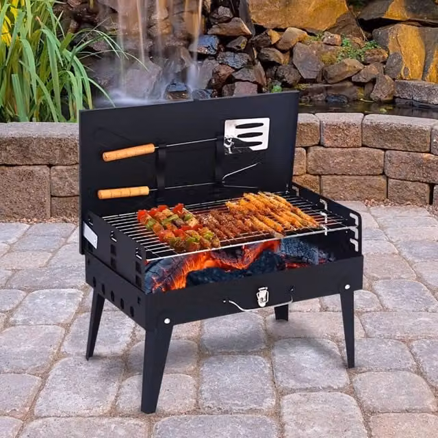Marco Paul Portable Tabletop Charcoal BBQ Grill in Black with Cast Iron