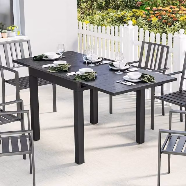 OUTSUNNY Black Aluminium Extending Garden Table with Faux Wood Slatted Top, W: 160 cm, D: 80 cm, H: 75 cm