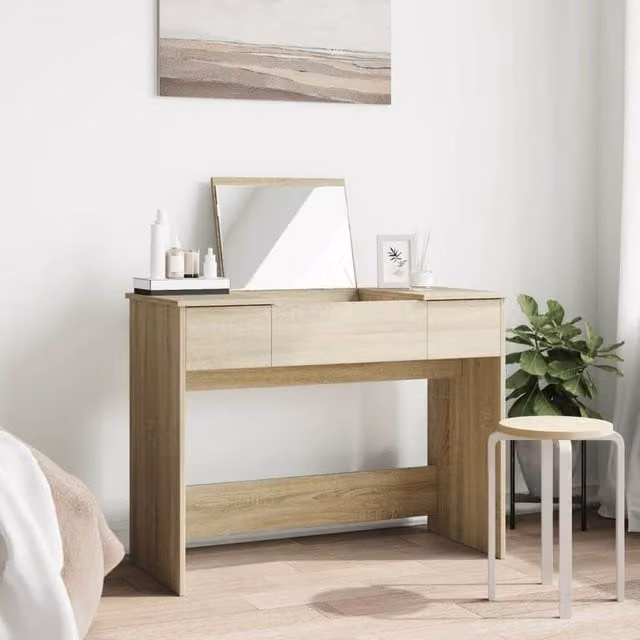 Berkfield Home Modern Dressing Table with Mirror in Sonoma Oak and Light Tan, W/D/H: 100 x 45 x 76 cm
