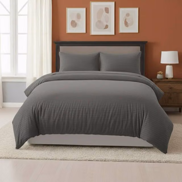 Snug City Grey Embossed Stripe Microfibre Duvet Cover and Pillowcase Set, W: 180 cm, H: 200 cm