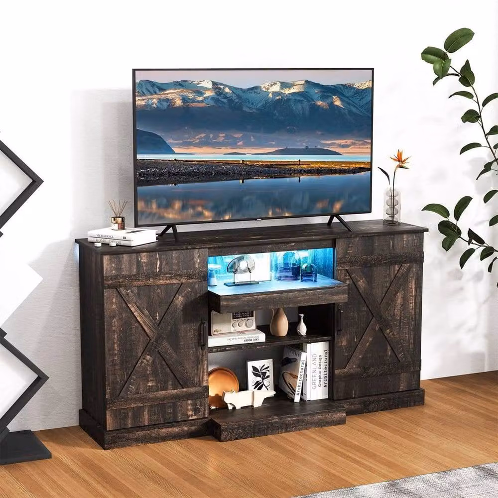 KORVIXA Rustic Brown Wood and Metal Entertainment Center TV Cabinet with Integrated Lighting and Media Compartments W/D/H: 100 x 100 x 100 cm – 4