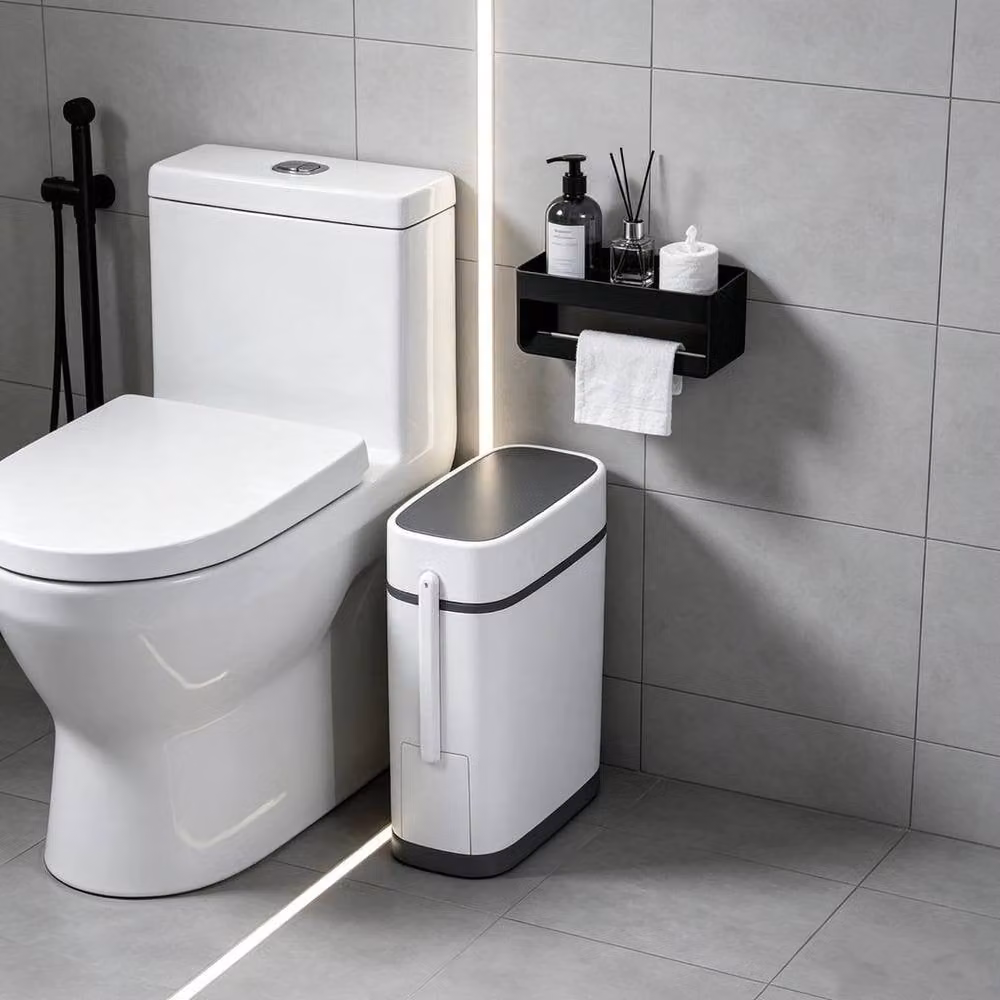 Kelvenix Slim Freestanding White Plastic Bathroom Trash Can with Hidden Toilet Brush Set and Removable Inner Bucket – 3