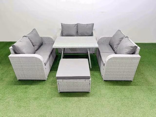 Fimous 7-Seater Patio Set with Rectangular Table, Love Sofa and Large Stool in Light Grey