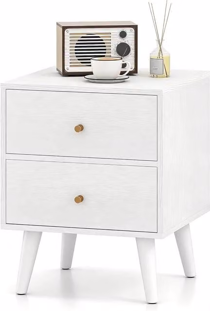 Nordara Modern White and Gold Wooden Bedside Table with Glass Details, H: 49.0 cm, W: 39.0 cm, D: 39.0 cm