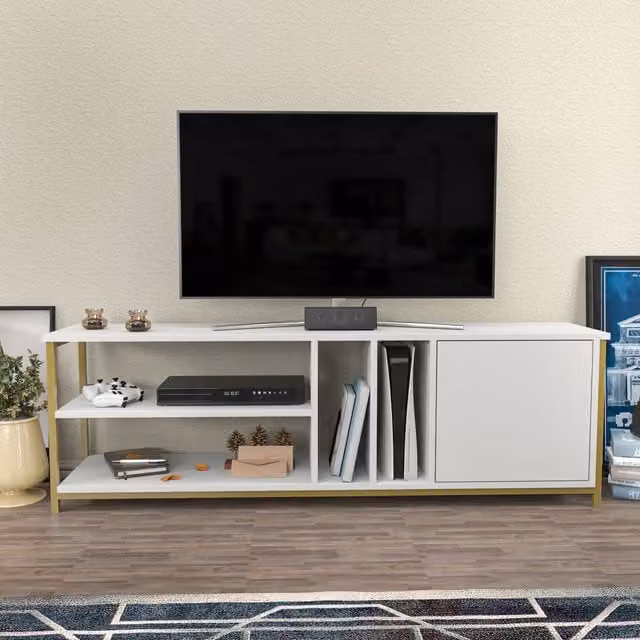 Oneida Minimalist White and Gold Metal TV Unit with Media Compartments