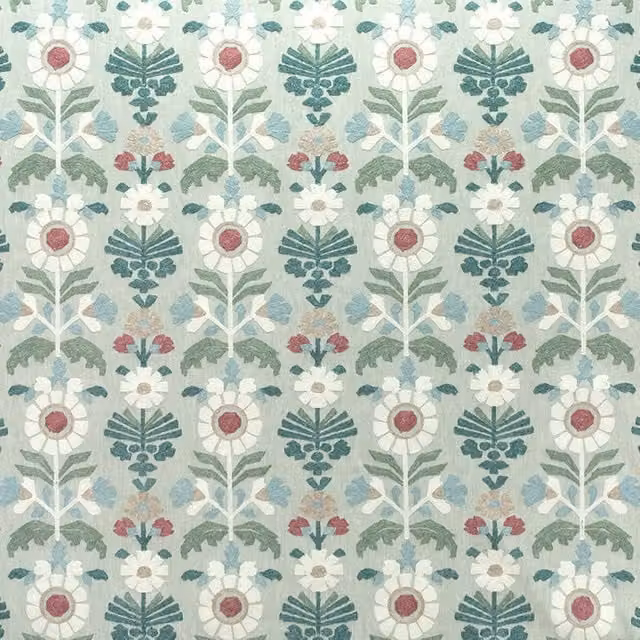 Fibre Naturelle Oslo Floral Embroidered Cotton and Linen Fabric in Sage Green