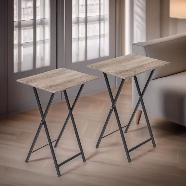 Rafaelo Mobilia Set of 2 Small Grey Folding Tables with Rectangular MDF Laminate Tops and Metal X-Frame Legs, W/D/H: 66.5 x 36 x 36 cm
