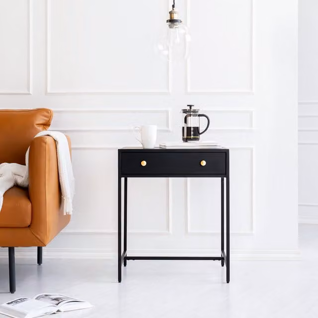MH London Brockwell Metal Nightstand Bedside Table with 1 Drawer in Black and Gold