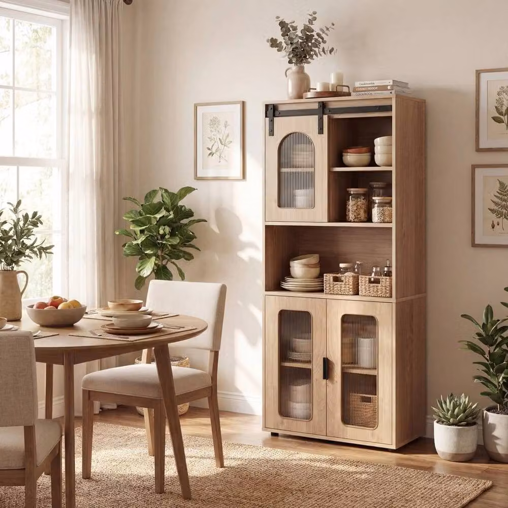 VOGREX Farmhouse Bathroom Cabinet with Sliding Barn Doors and Open Shelving in Natural Brown, Width: 150 cm – 5