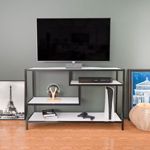 Decorotika Industrial Wood and Metal TV Unit in White and Black, W/D/H: 120 x 39 x 75 cm