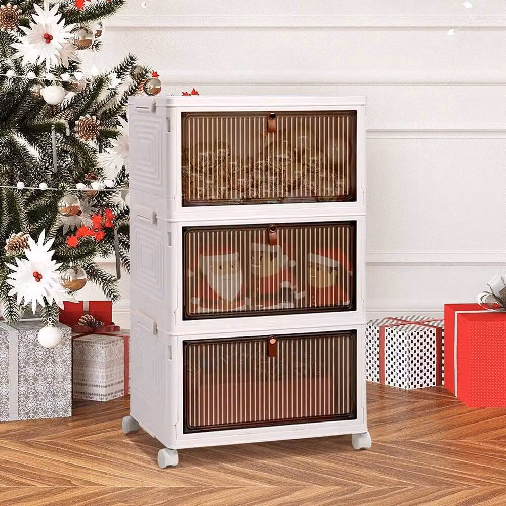 SPETLEK Large 3-Tier Stackable Folding Storage Box Cabinet in White – 3