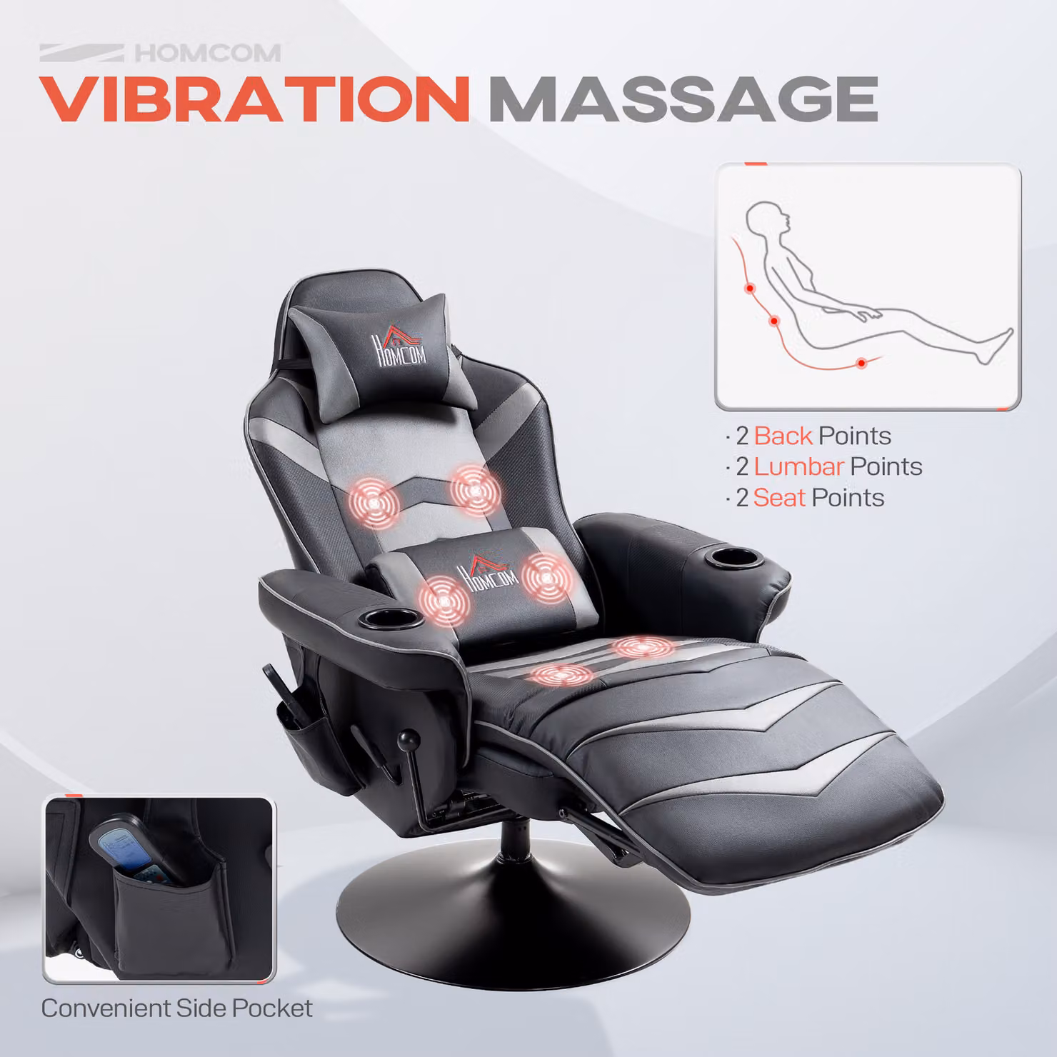 HOMCOM Grey PU Leather Massage Recliner Chair with Remote, 360 Degree Swivel Racing Style Armchair with Cup Holders and Lumbar Support – 4