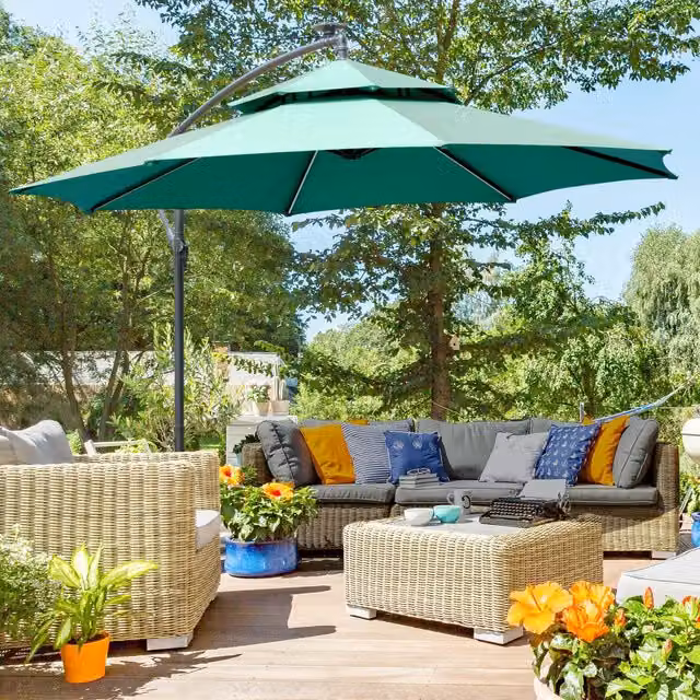 Outsunny Green Cantilever Banana Parasol with Double Roof and LED Lighting, 3 m