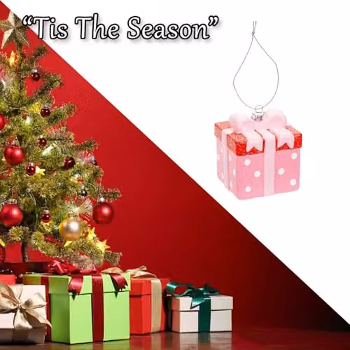 VFM e-Store Pink Glitter Present Christmas Tree Hanging Ornament, W/D/H: 9.5 x 7.5 x 7.5 cm – 6