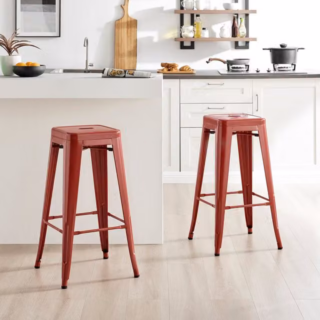 FurnitureboxUK Set of 2 Colton Red Industrial Metal Stackable Kitchen Bar Stools