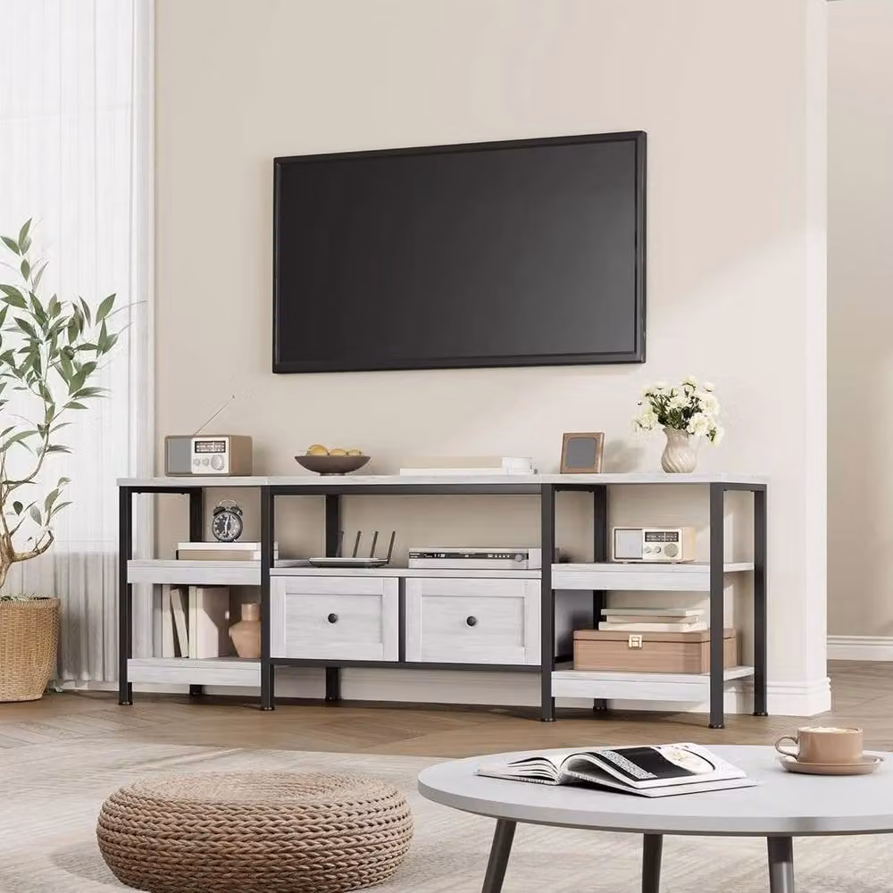VOGREX Industrial TV Stand with Drawer and Open Shelf Entertainment Center in White – 5