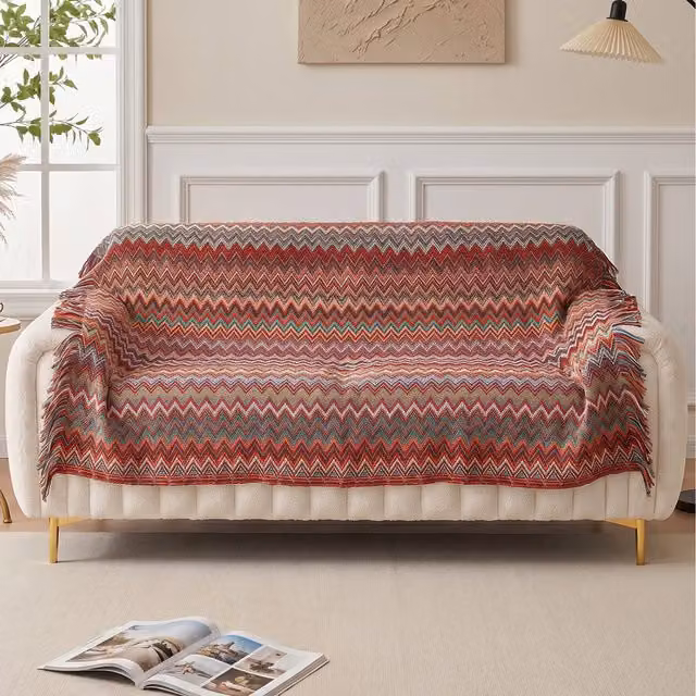 Livingandhome Red and Multicolour Striped Boho Knitted Throw Blanket with Fringes