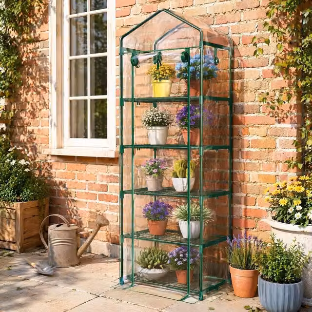 STILVORA 5 Tier Mini Greenhouse with Roll-Up Door in Green, W/D/H: 69.0 x 49.0 x 193.0 cm – 1