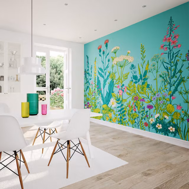 Origin Murals Botanical Fleur Floral Wall Mural in Blue and Multicolour