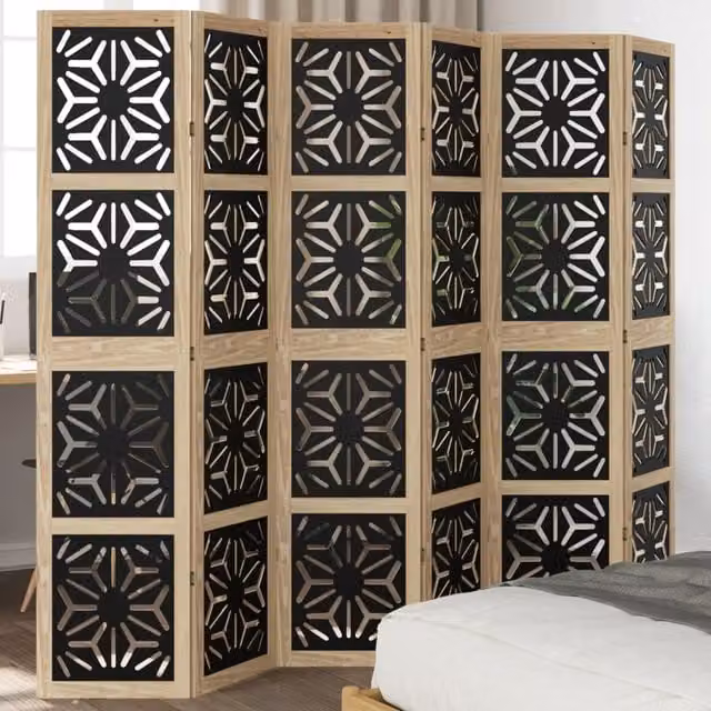Berkfield Home 6 Panel Geometric Room Divider in Brown and Black Solid Paulownia Wood