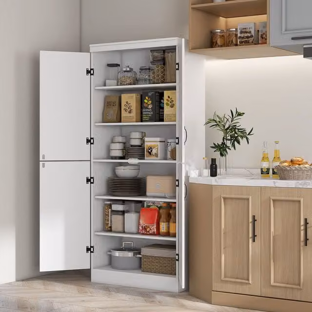 HOMCOM Modern White Freestanding Kitchen Cupboard and Pantry Storage Cabinet with 6-tier Shelves and Hinged Doors