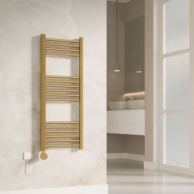 Banyetti Aureli Brushed Brass Electric Ladder Towel Rail Radiator in Gold, W: 40 cm, H: 100 cm