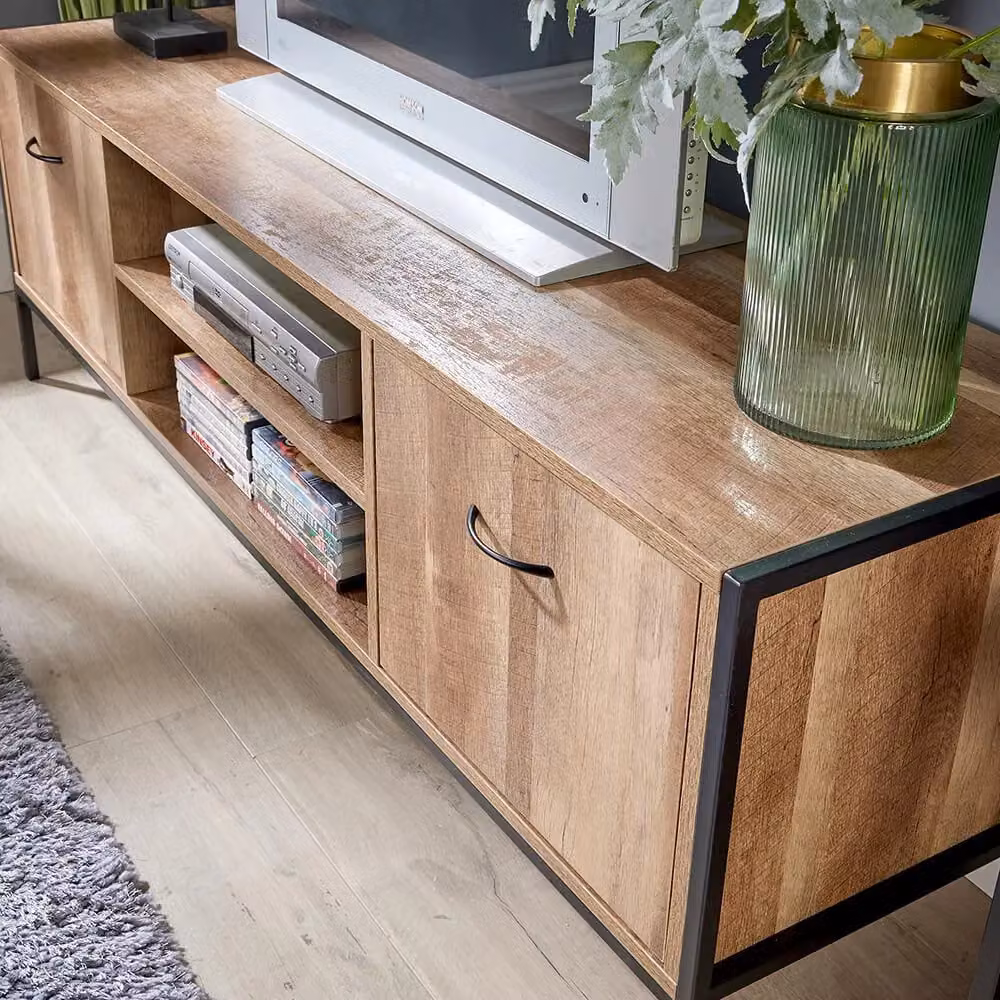 Home Source Industrial TV Unit Media Stand with 2 Door Cupboard and Shelf Storage in Natural Wood and Metal – 2