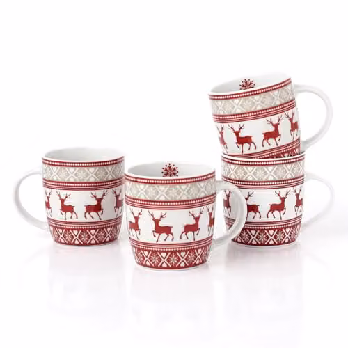 Waterside Porcelain Nordic Reindeer Mugs, 4 Pieces, White and Red