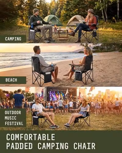 Voyager 2-Pack Lightweight Folding Camping Chairs with Cup Holders and Pockets, Black – 6