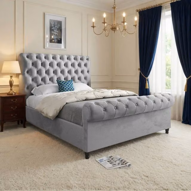 KDMD Welshampton Sleigh Upholstered Designer Bed Frame in Grey Soft Velvet, Size: Single (90 x 190 cm)