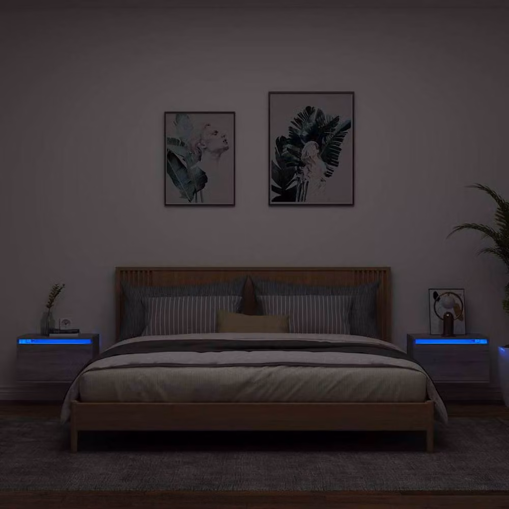 Berkfield Home Set of 2 Wall-mounted Bedside Cabinets with Integrated LED Lights, Grey, W/D/H: 36 x 30 x 50 cm – 2