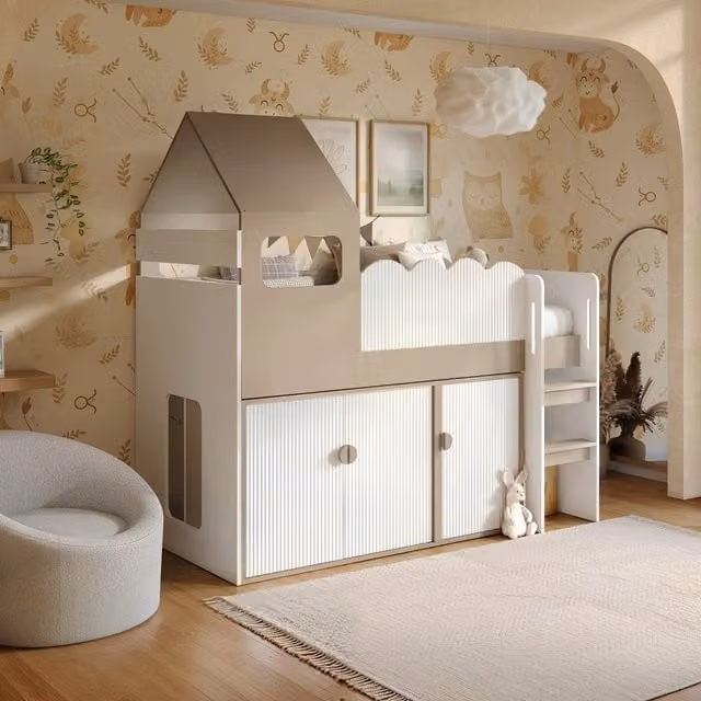 Flair Calista Ribbed House Mid Sleeper Bed with Storage in White, H 194.5 x W 90 x D 200 cm