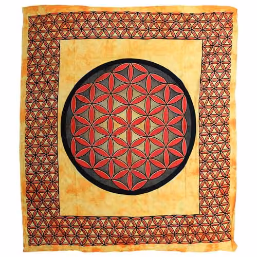 KDMD Double Cotton Bedspread and Flower of Life Wall Hanging Set, Orange Geometric Floral Design