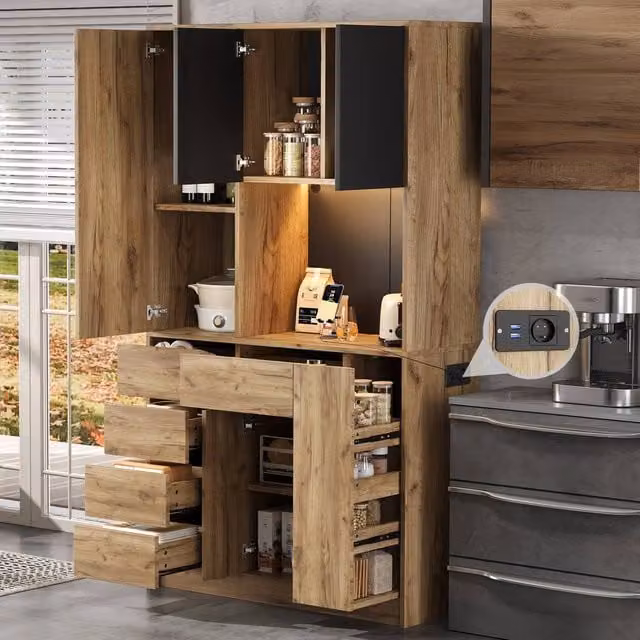 Merax Modern Brown Tall Kitchen Dresser with Integrated Lighting, Internal Shelves and Bottle Rack, Height: 105 cm