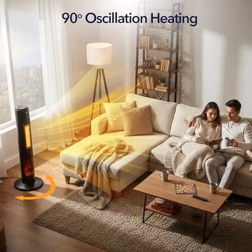MONHOUSE Oscillating Tower Fan Heater with Fireplace, Black – 4